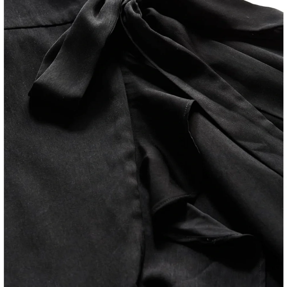Elegant Black Matte Satin Flowing Ruffle Hem Balloon Sleeve True Wrap Dress - Picture 7 of 8